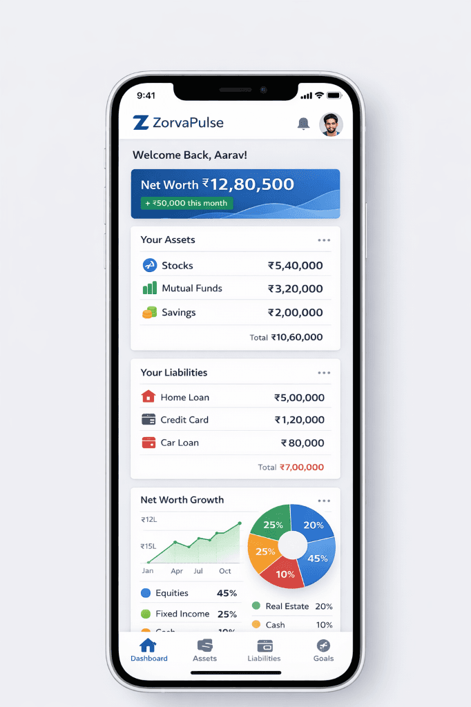ZorvaPulse mobile app – Net worth tracker India on iPhone showing assets, liabilities and portfolio growth